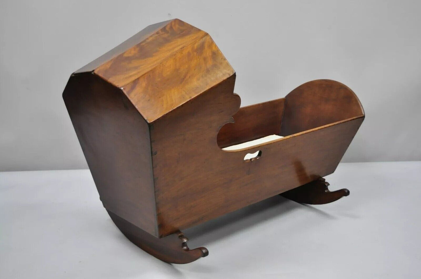 Antique Victorian Dovetailed Crotch Mahogany Wooden Hooded Baby Cradle
