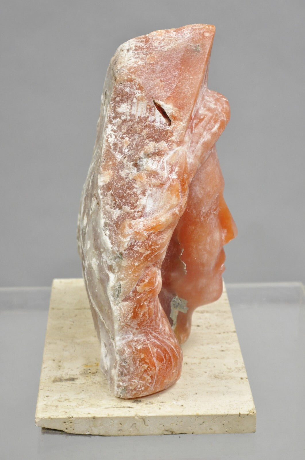 Orange Alabaster "Native American Woman" Bust Sculpture on Travertine Base