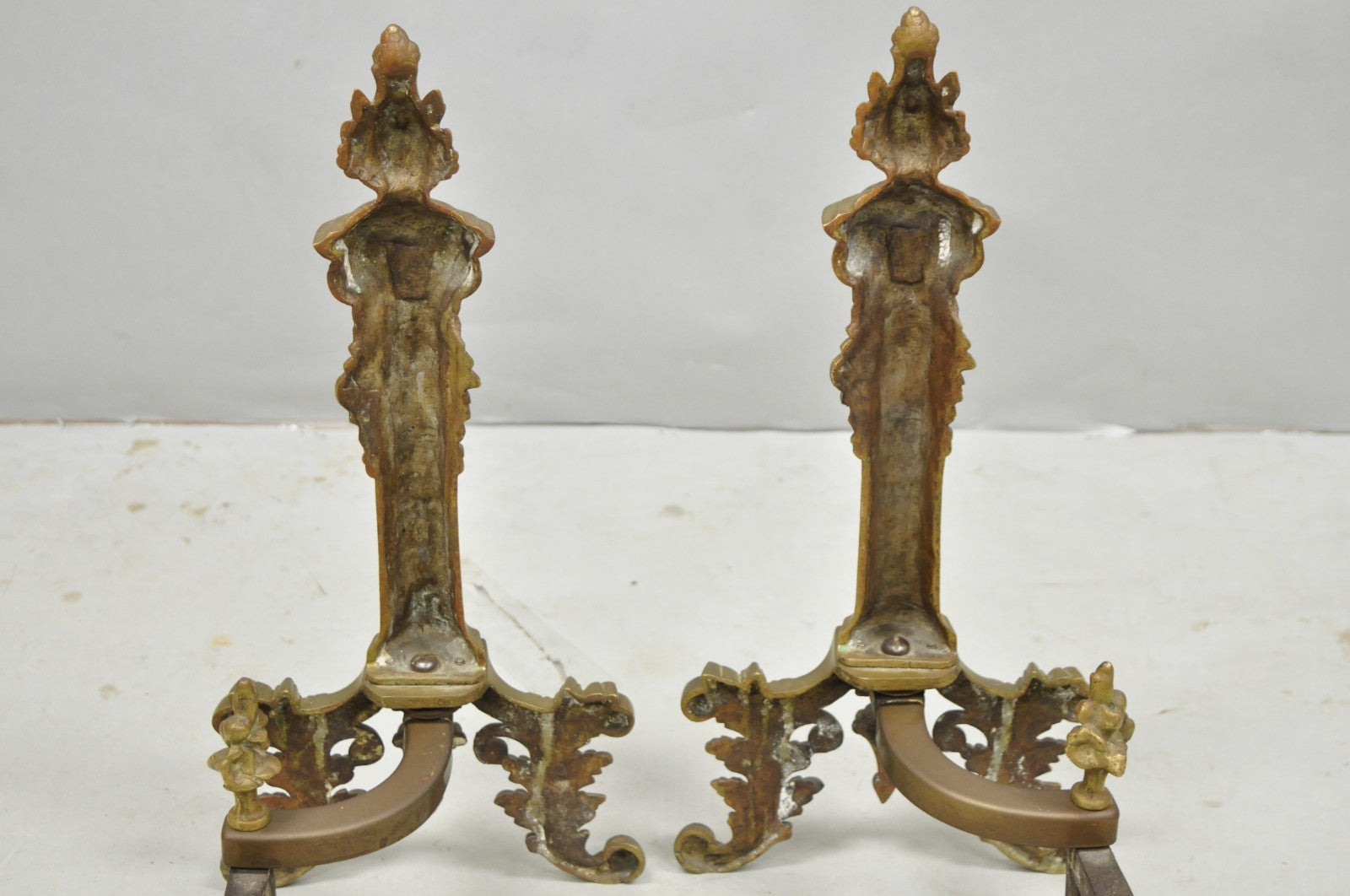 Antique French Empire Style Bronze Corinthian Column Fireplace Andirons - a Pair