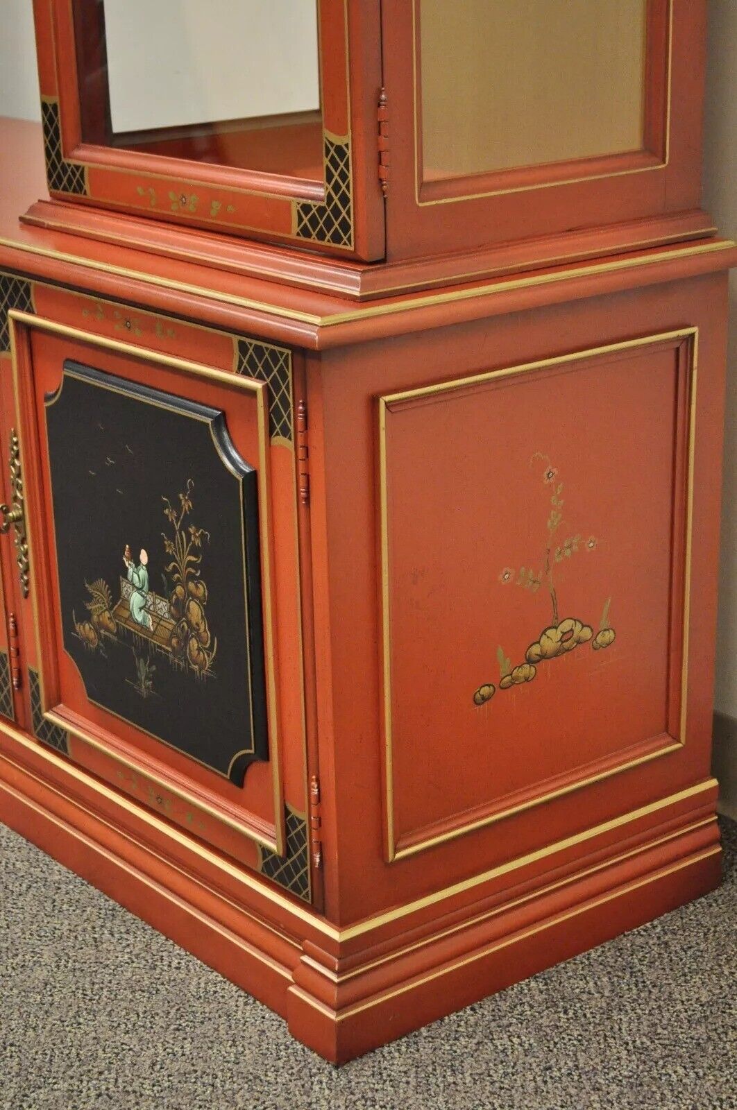 Vintage Jasper Oriental Chinoiserie Red Display China Cabinet Curio Credenza
