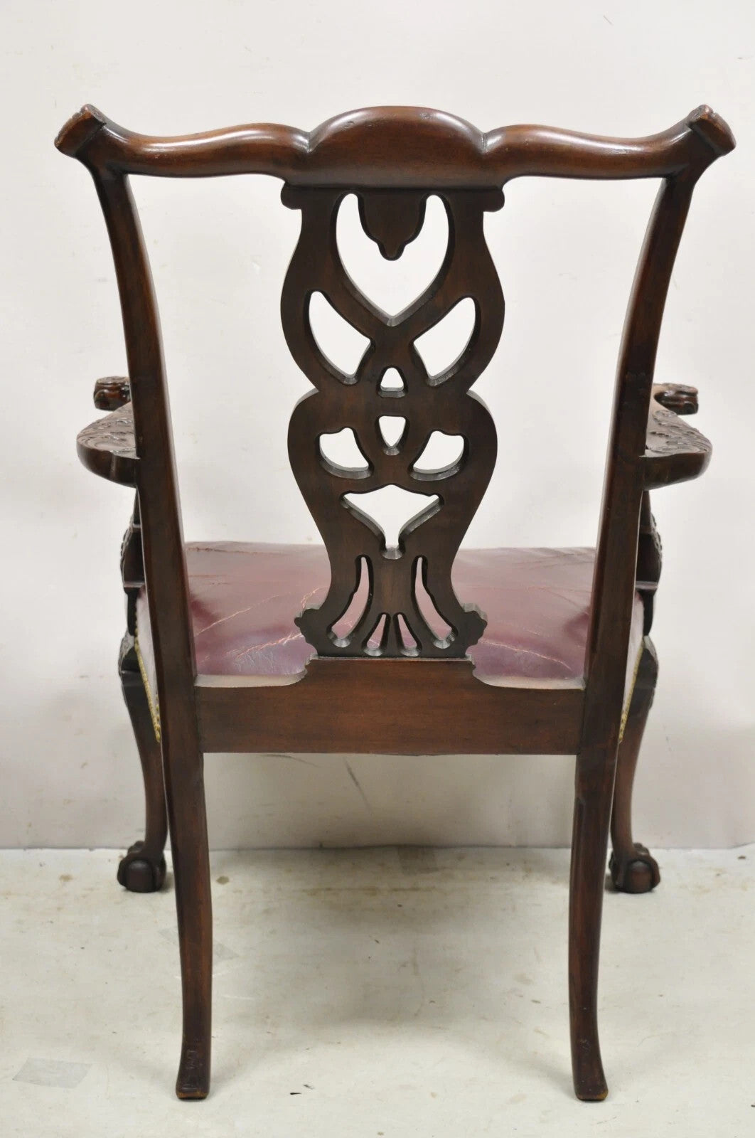 Antique Chippendale Georgian Carved Mahogany Ball and Claw Leather Arm Chair