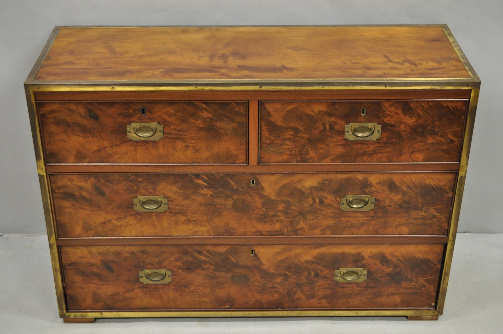 Antique English 4 Drawer Brass Banded Burr Walnut Campaign Chest Dresser