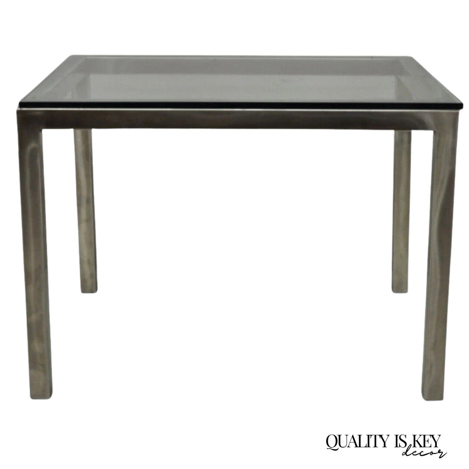 Mid Century Modern Brushed Metal Glass Top Milo Baughman Style Side Table