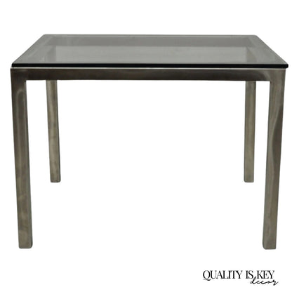 Mid Century Modern Brushed Metal Glass Top Milo Baughman Style Side Table
