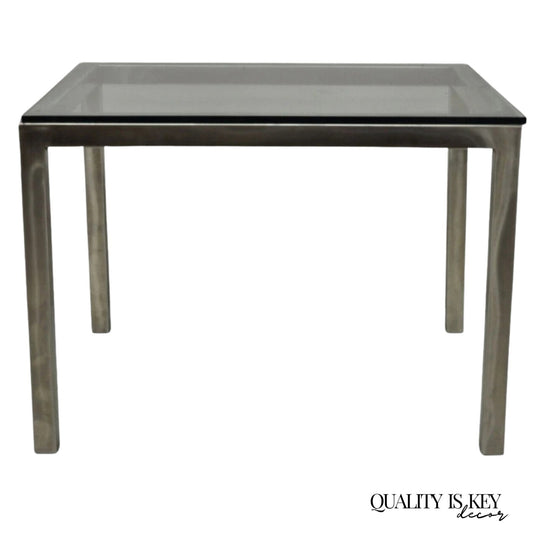 Mid Century Modern Brushed Metal Glass Top Milo Baughman Style Side Table