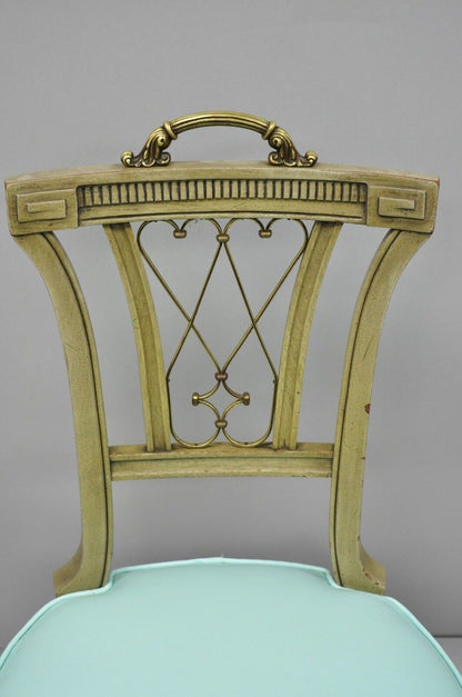 Pair of Carved Mahogany French Regency Style Chairs w/ Brass Handle & Aqua Vinyl