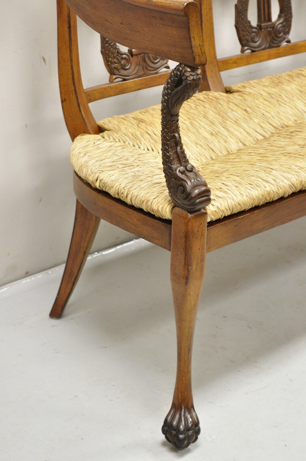 Vintage Italian Neoclassical Regency Style Serpent Lyre Carved Rush Seat Bench