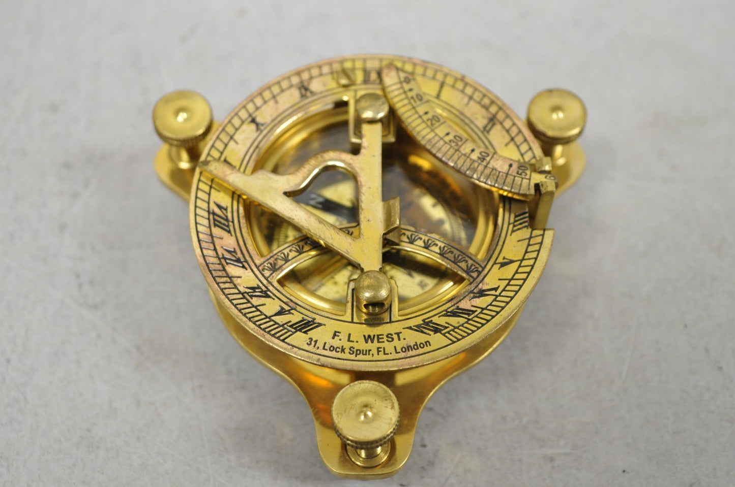 Vintage English Campaign Brass Round Sundial Compass with Small Rosewood Box