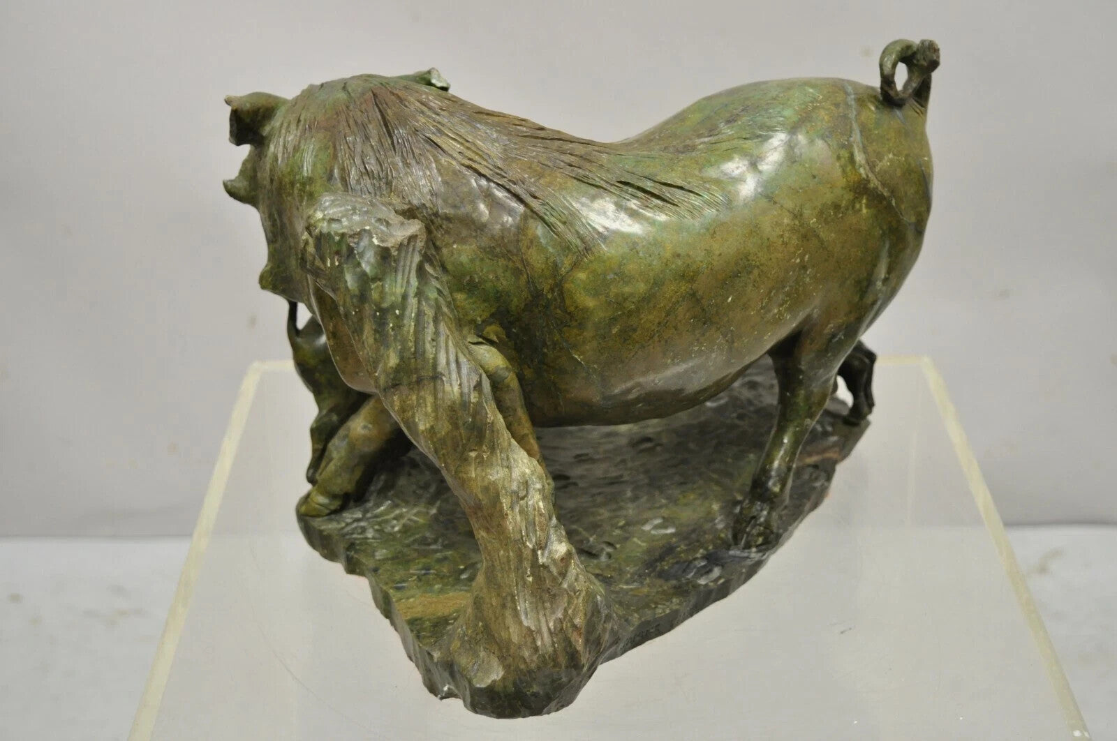 James Tandi African Wild Boar Green Carved Verdite Hardstone Sculpture Figure