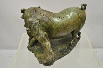 James Tandi African Wild Boar Green Carved Verdite Hardstone Sculpture Figure