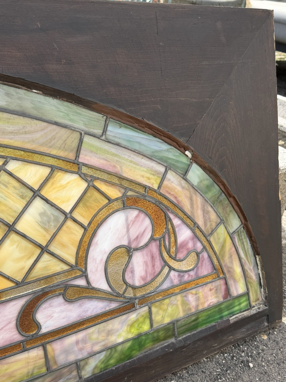 Antique Art Nouveau Colored Stained Glass Fruit 27 x 75 Arched Transom Window, A