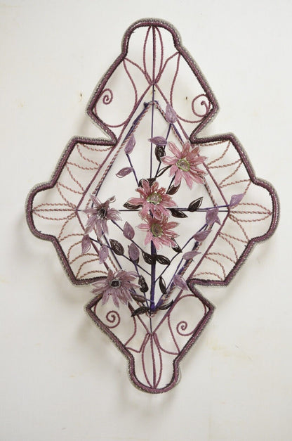 French Victorian Glass Beaded Purple Flower Casket Wreath Wall Sculpture (B)