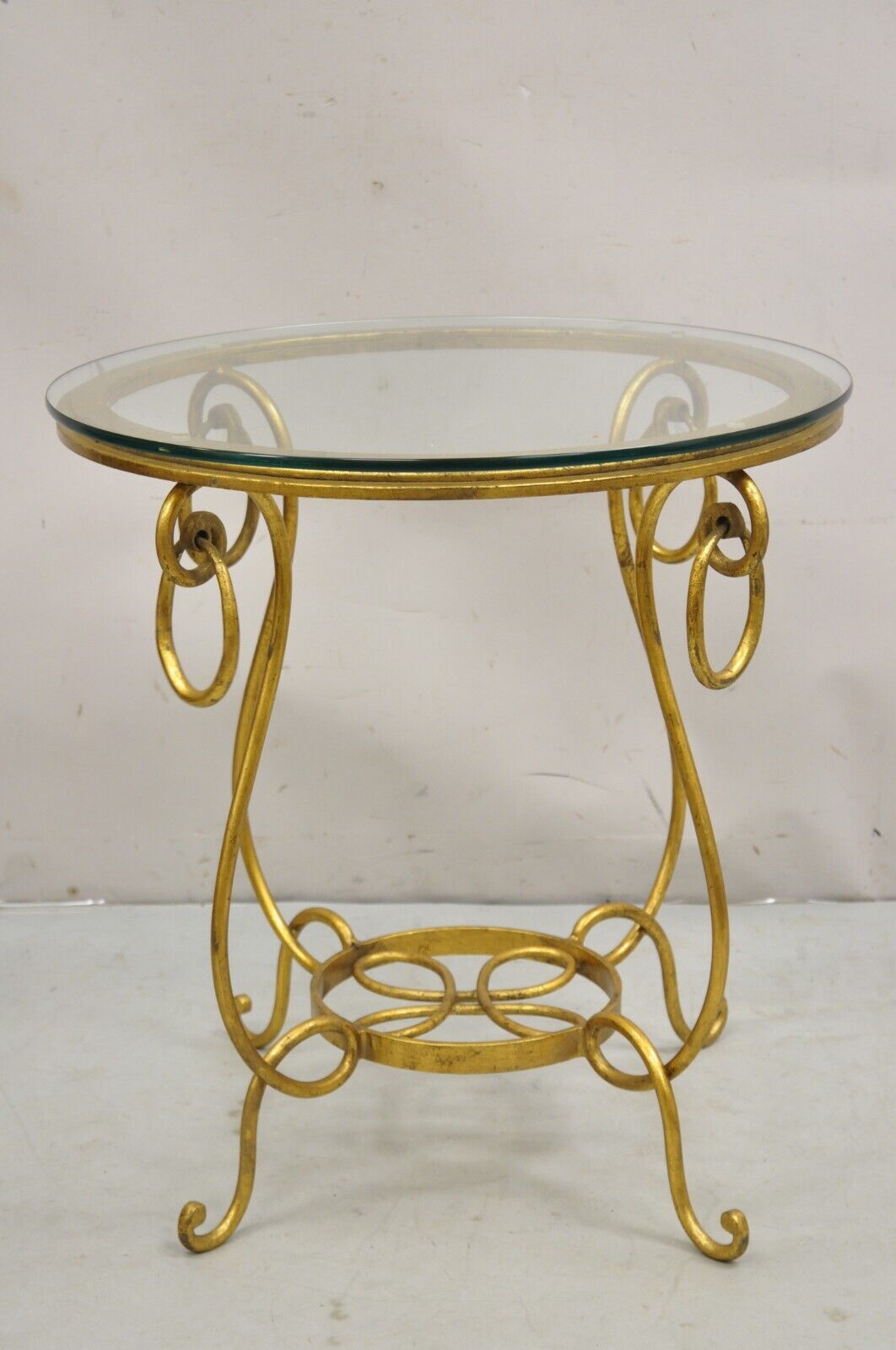Gold Gilt French René Drouet Style Scrolling Iron Round Glass Accent Side Table