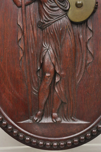 Antique Classical Oval Carved Mahogany Figural Goddess Wall Sculpture Plaque