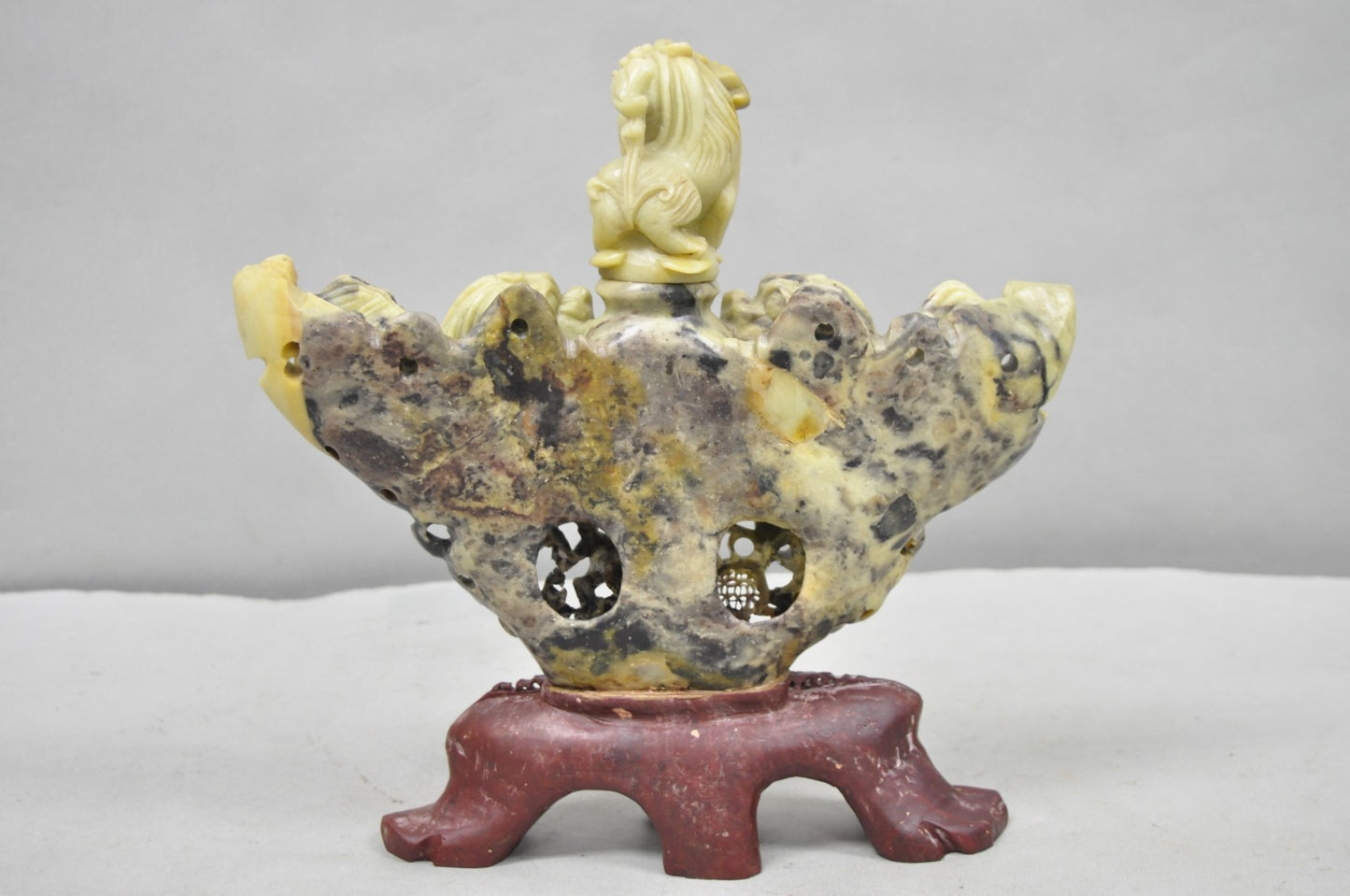 Vintage Chinese Carved Soapstone Foo Dog Figural Incense Burner Sculpture