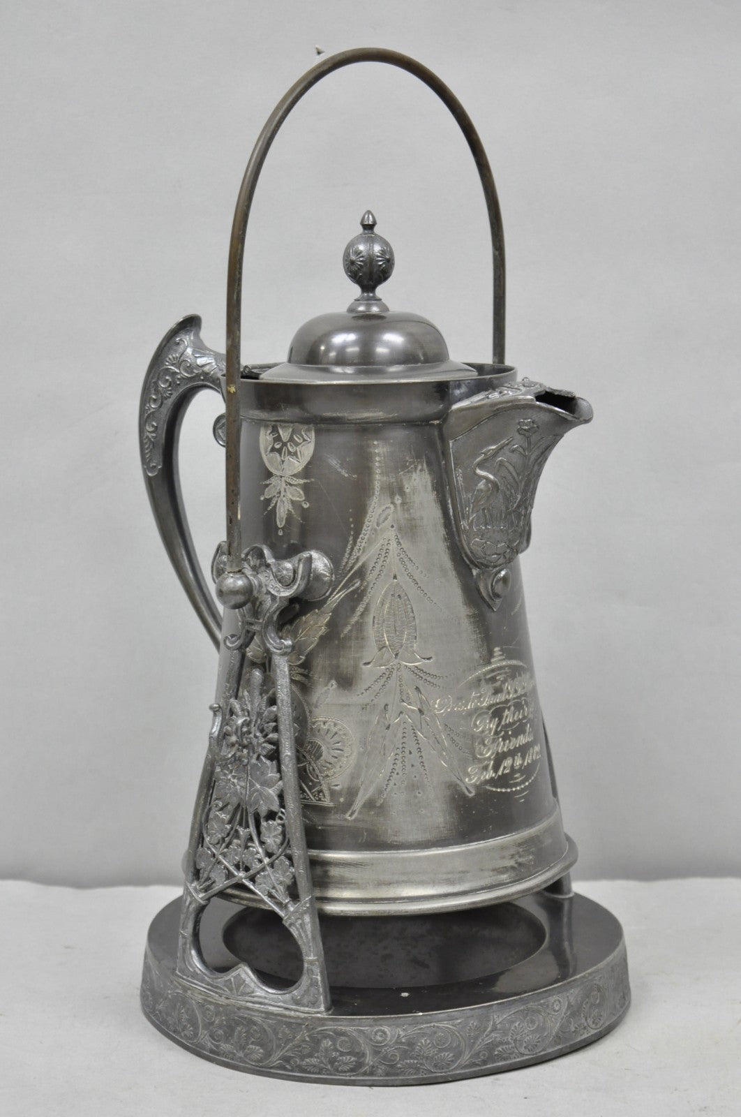 Antique English Victorian Silver Plated Tilting Coffee Pot on Stand w/ Engraving