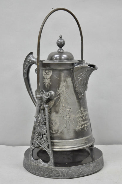 Antique English Victorian Silver Plated Tilting Coffee Pot on Stand w/ Engraving