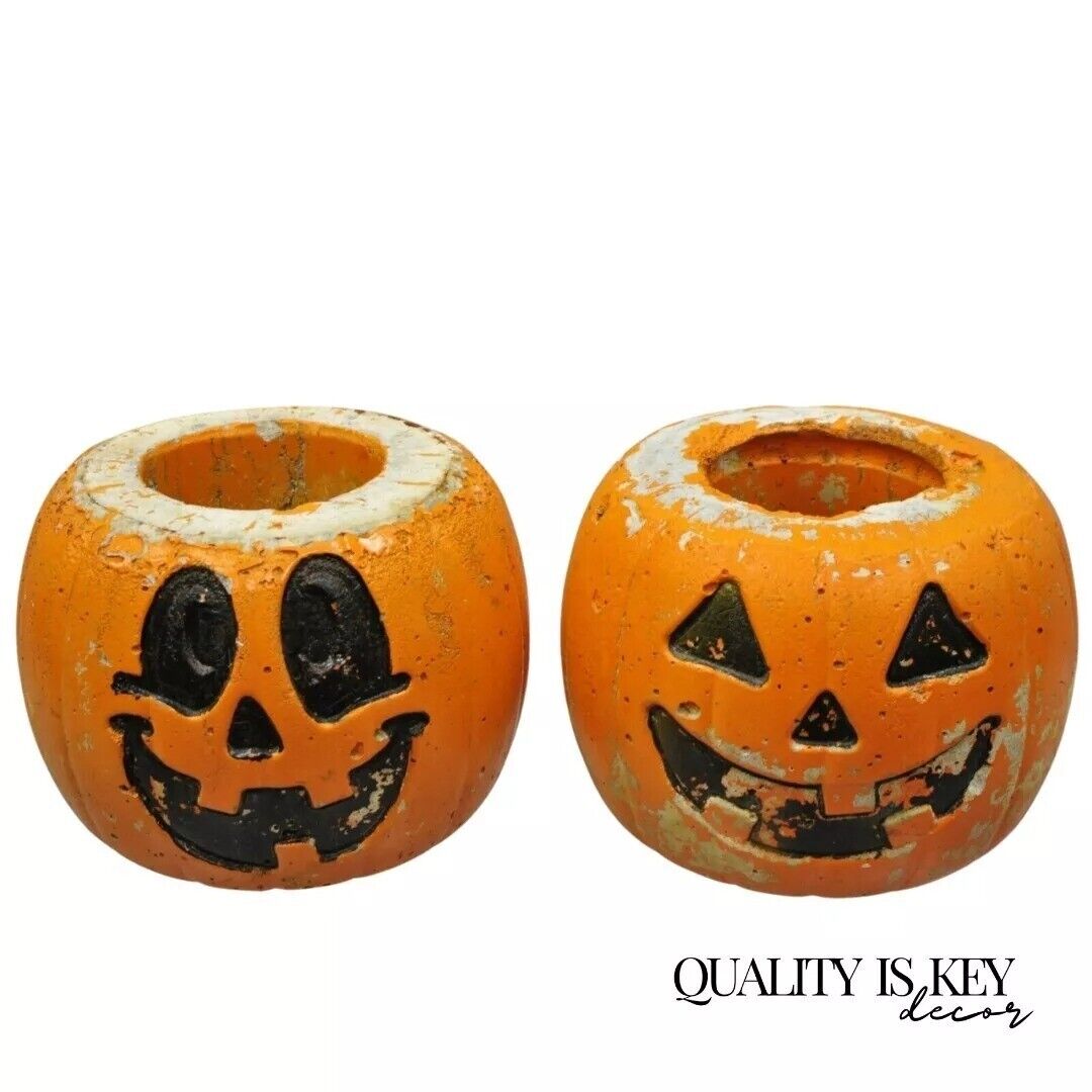 Vintage Orange Cement 8" Small Painted Garden Pumpkin Planter Plant Pot - Pair