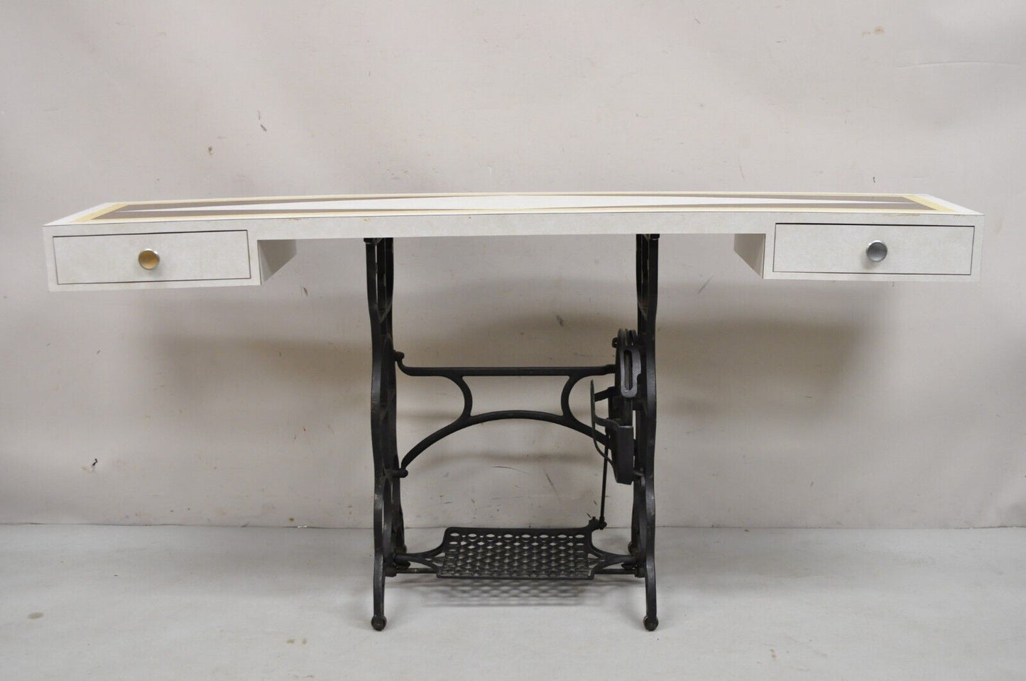 Vintage Mid Century Modern 65" Long Console Table w/ Iron Sewing Machine Base