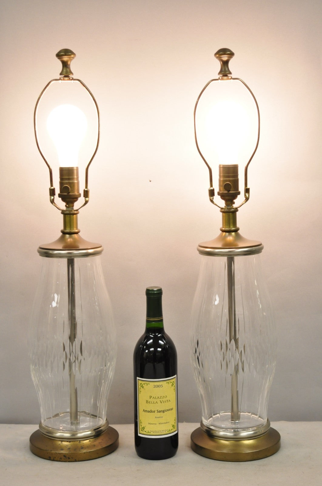 Vintage Bombay Co. Cut Crystal Glass Jardiniere & Brass Table Lamps - a Pair