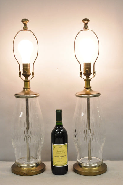 Vintage Bombay Co. Cut Crystal Glass Jardiniere & Brass Table Lamps - a Pair