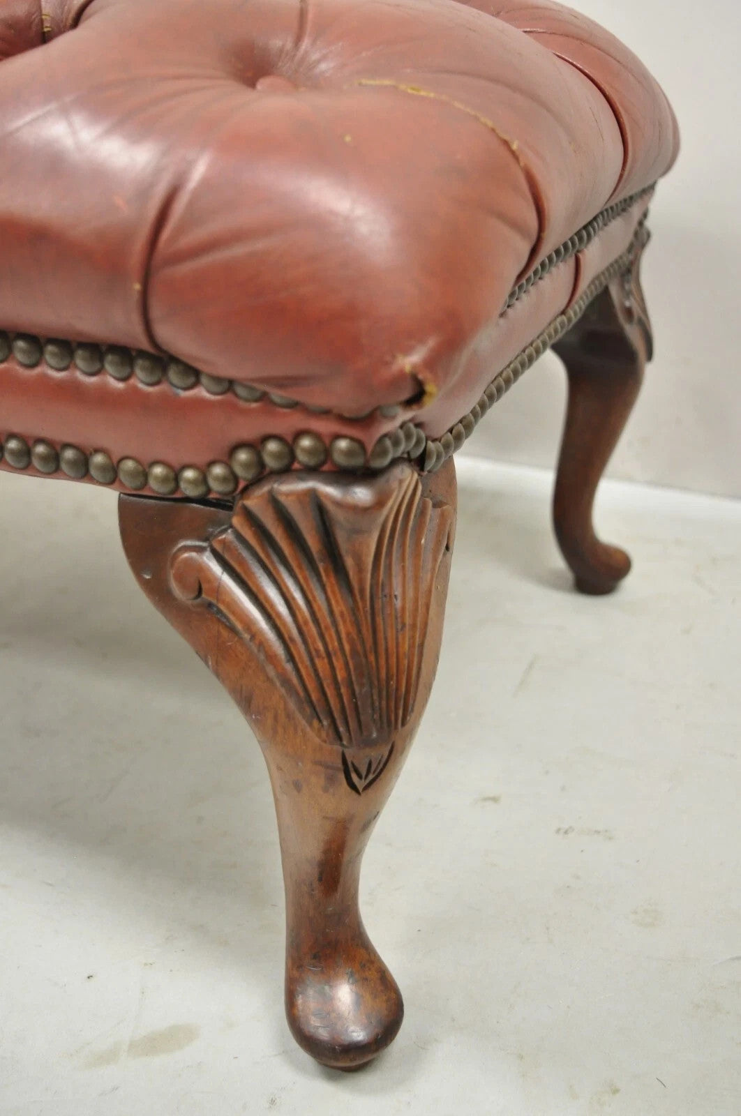 Vintage English Chesterfield Queen Anne Brown Leather Tufted Ottoman Footstool