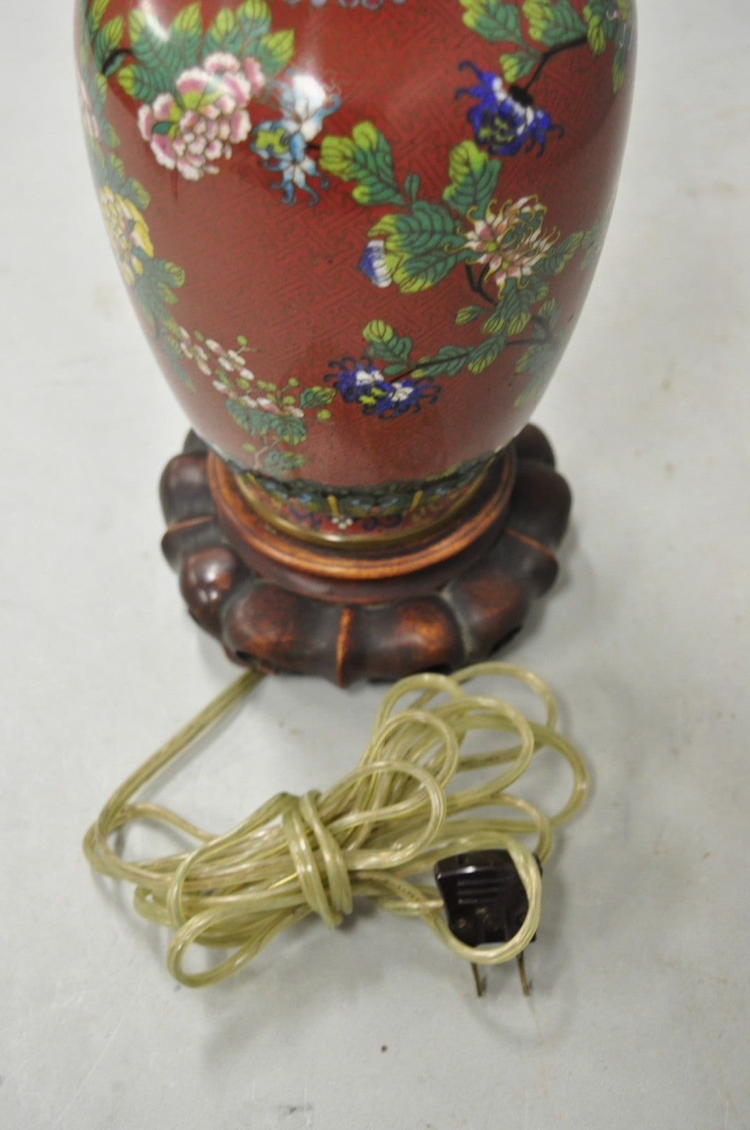 Vintage Chinese Porcelain Enamel Bronze Red Cloisonne Champleve Vase Table Lamp