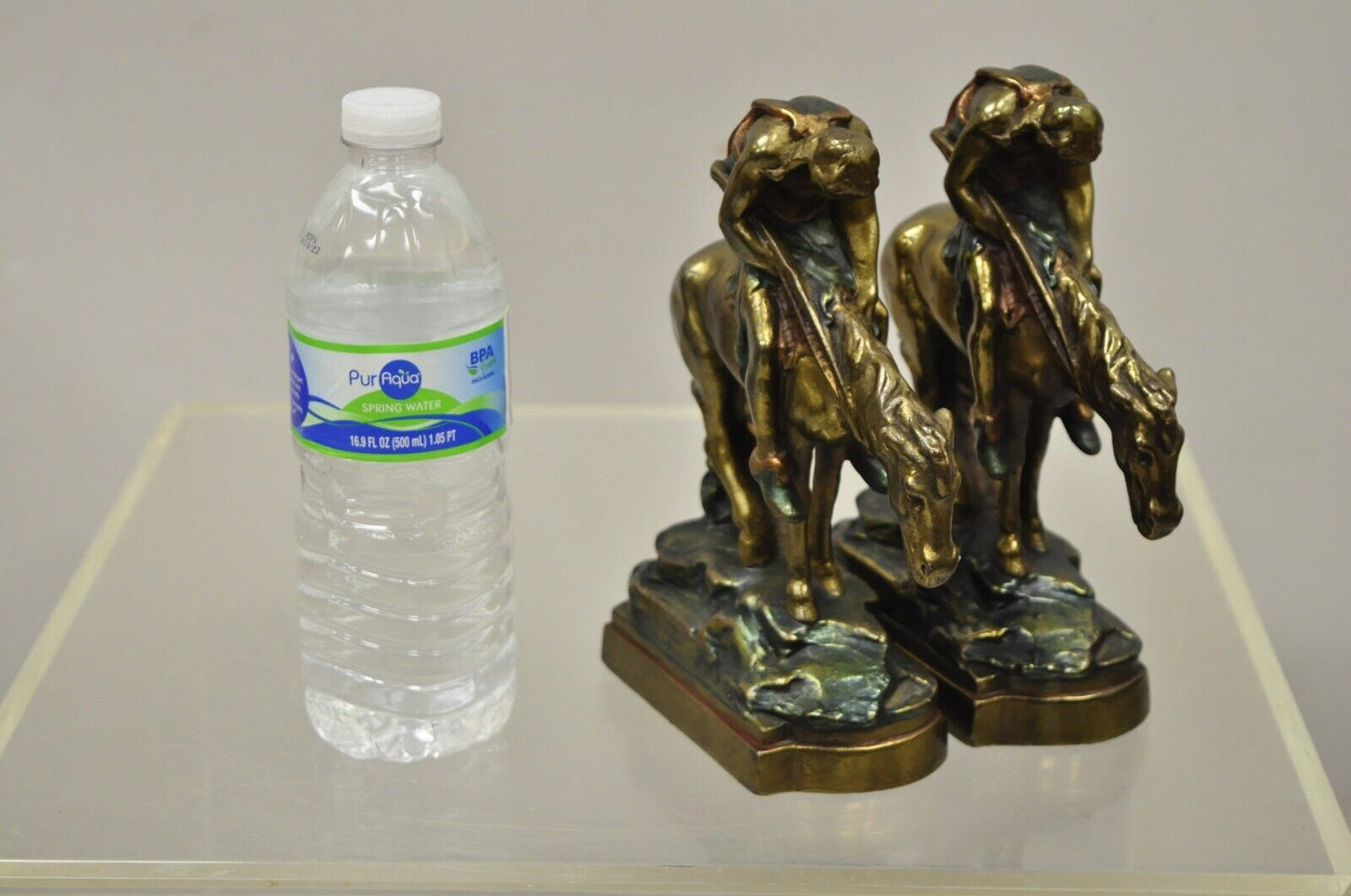 Vintage Bronze Clad 8" End of Trail Indian on Horse Figure Bookends - a Pair