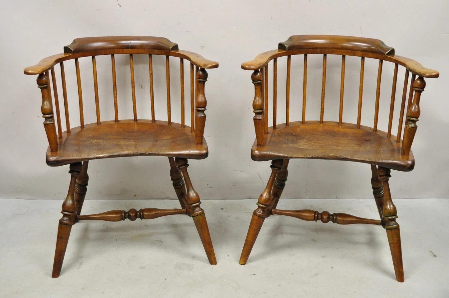 Antique English Windsor Colonial Pine Wood Spindle Pub Club Arm Chairs - a Pair