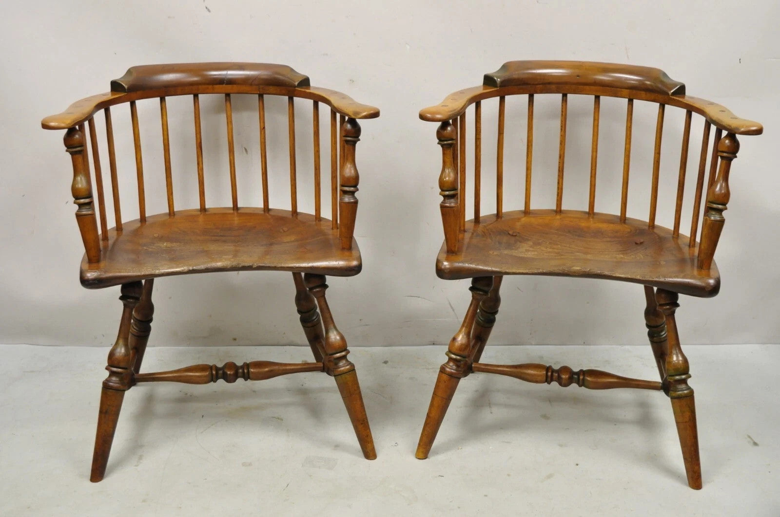 Antique English Windsor Colonial Pine Wood Spindle Pub Club Arm Chairs - a Pair