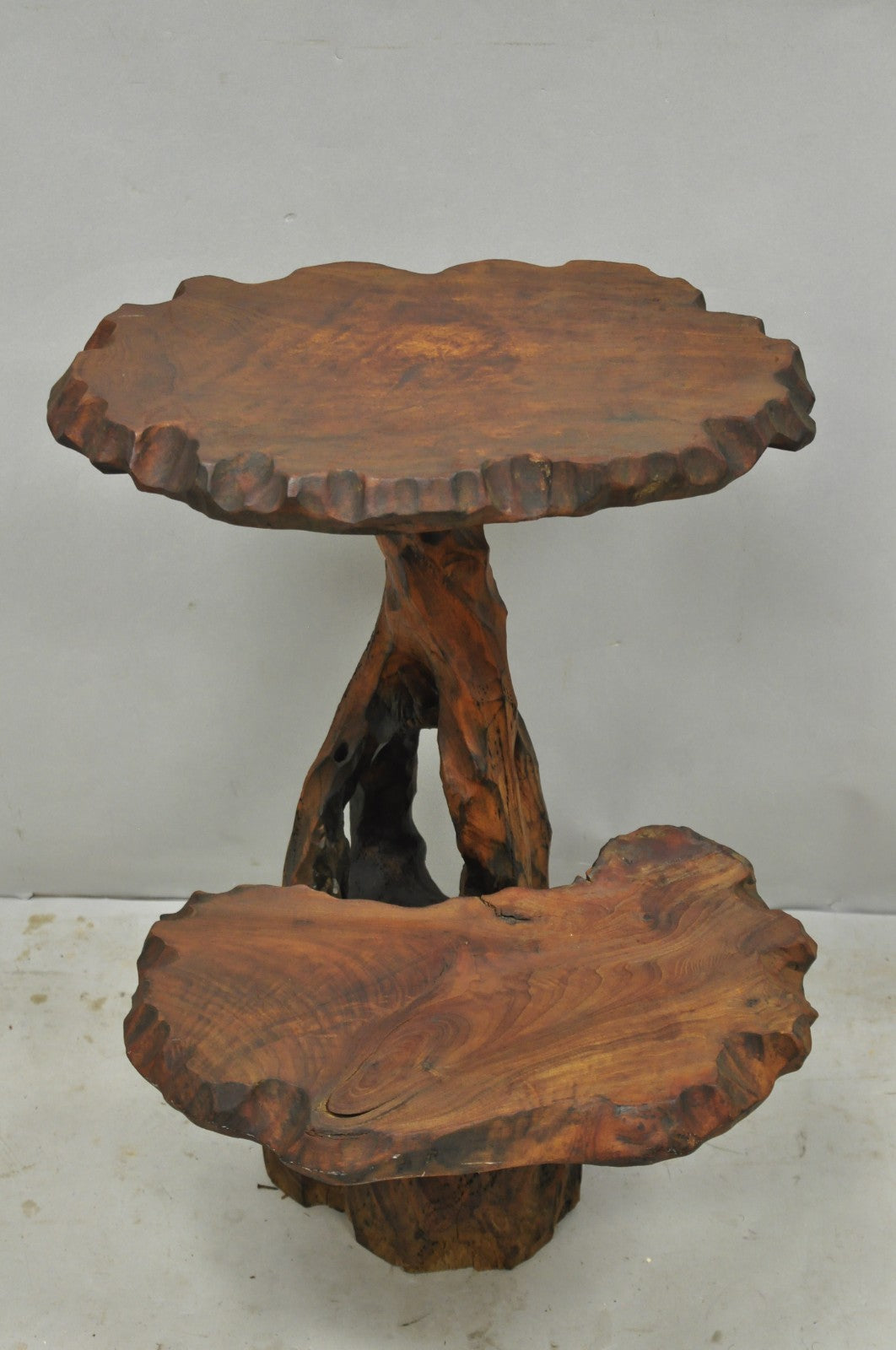 Vintage Mid Century Modern Live Edge 2 Tier Walnut Plant Stand Side Table