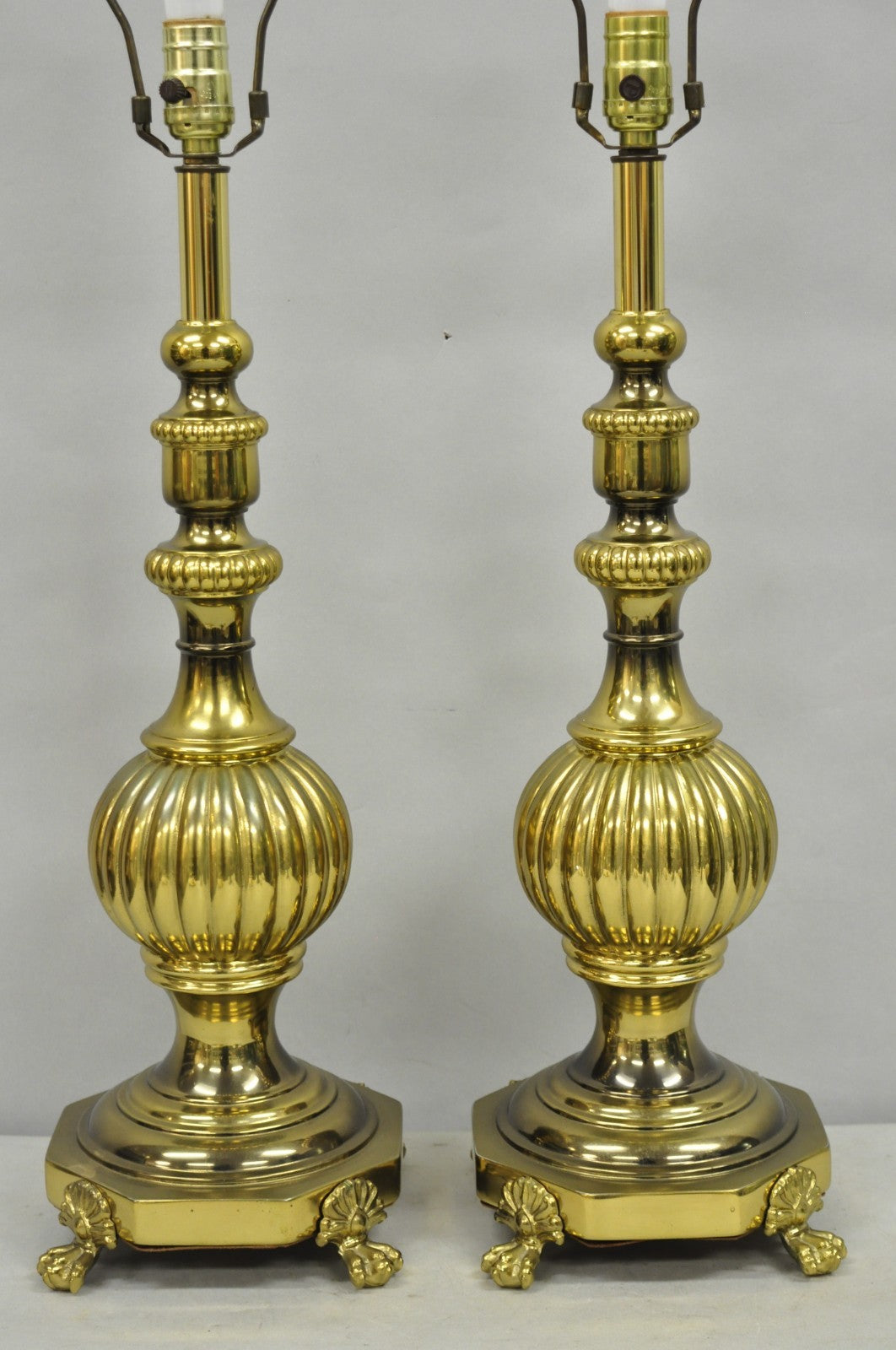 Vintage French Empire Style Burnished Brass Column Paw Foot Table Lamps - a Pair