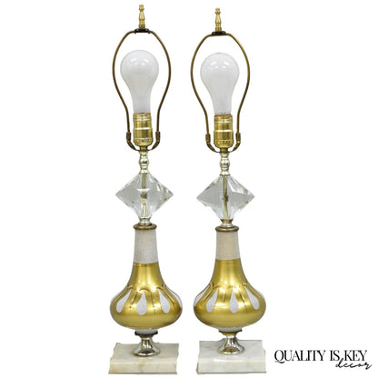 Vintage Mid Century Modern Gold Teardrop Diamond Vanity Table Lamps - a Pair