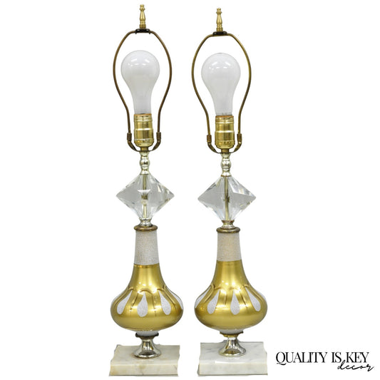 Vintage Mid Century Modern Gold Teardrop Diamond Vanity Table Lamps - a Pair