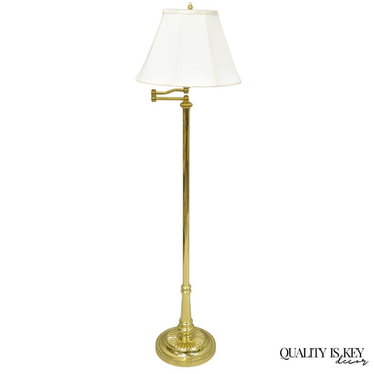 Vintage Traditional Polished Brass Swing Arm Reading Pole Floor Lamp w/ Shade