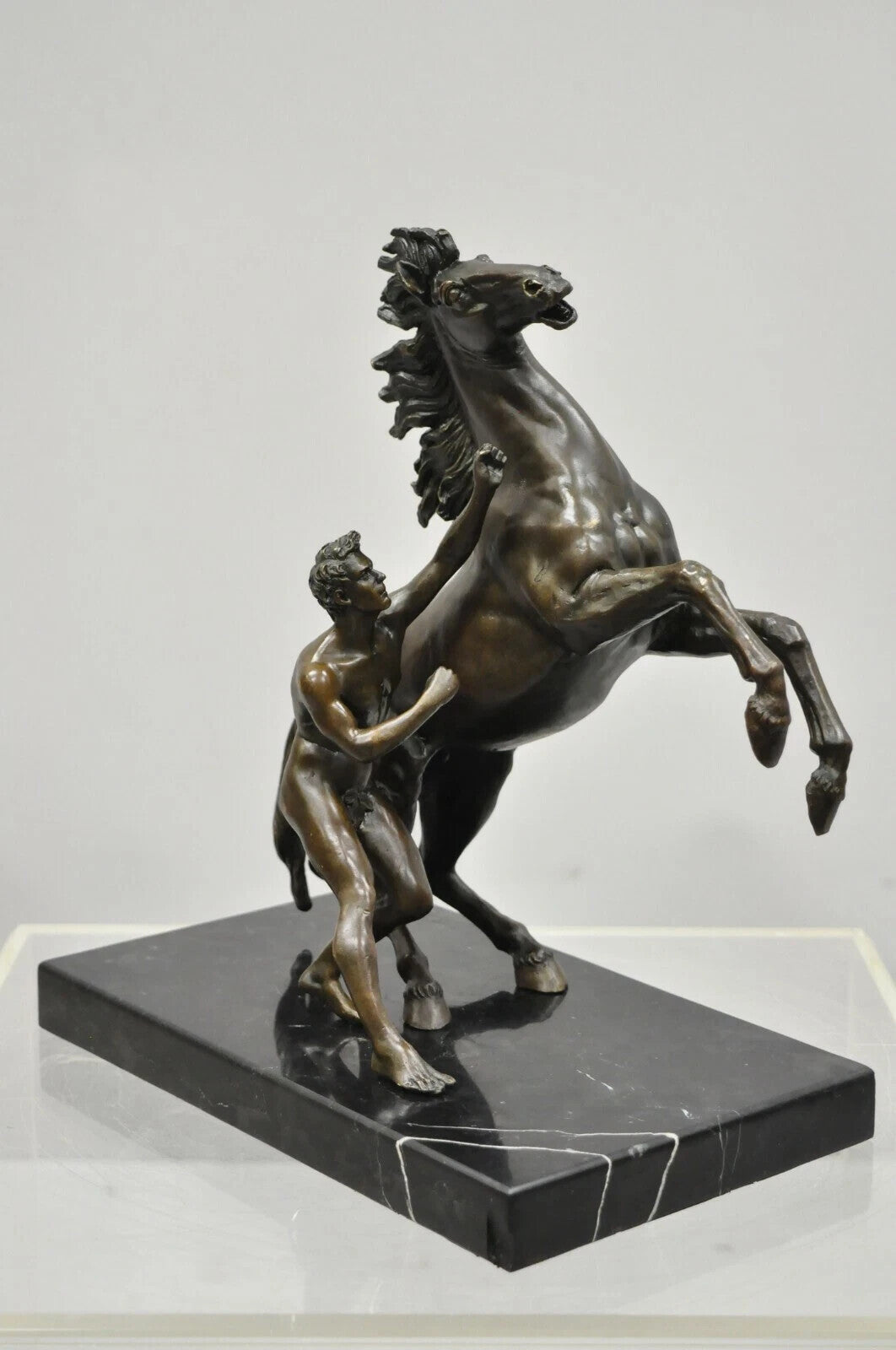 Vintage Bronze Marly Horse and Tamer Sculpture after Coustou on Marble Base Pair