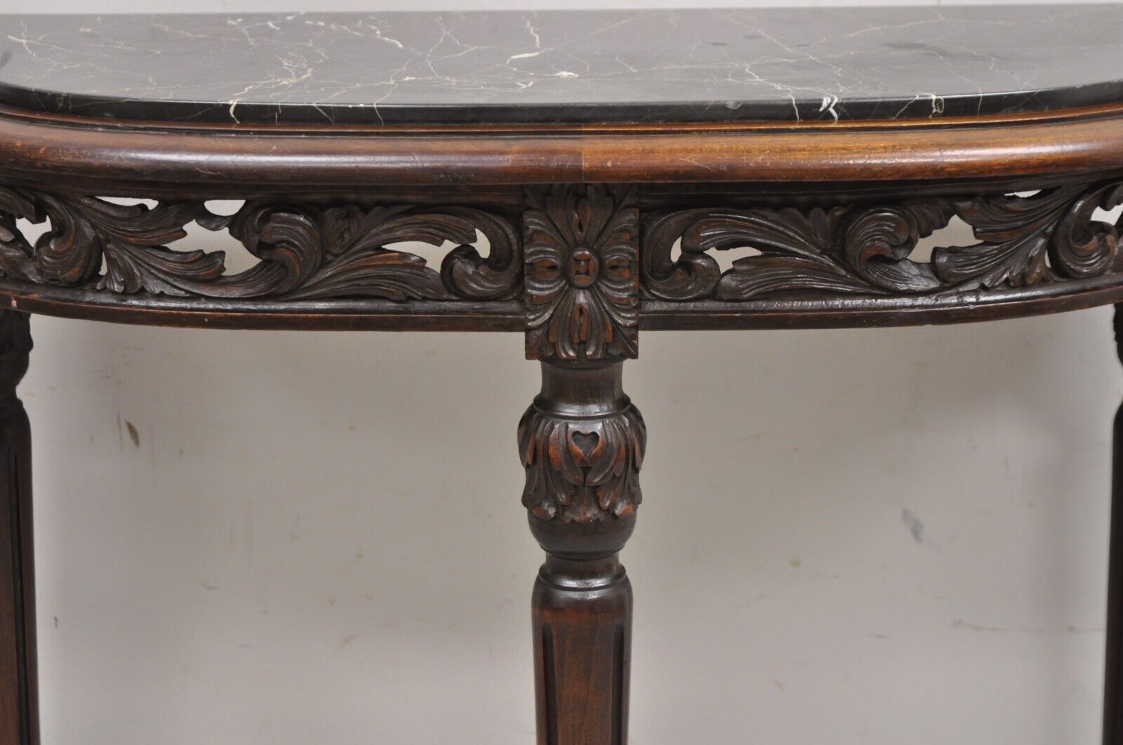 Antique French Louis XVI Carved Black Marble Top Demilune Console Hall Table