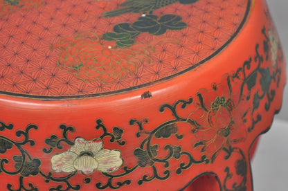 Vintage Chinoiserie Red Lacquer Plant Stand Garden Stool Drum Side Table (B)