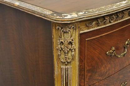 Antique French Louis XV Floral Satinwood Inlay Mahogany Chest Dresser & Mirror