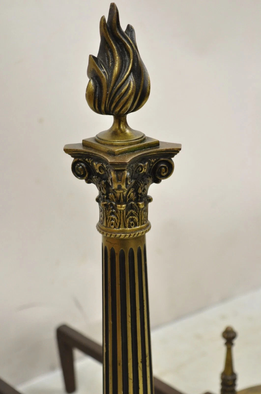Antique French Empire Style Bronze Column Flame Finial Fireplace Andirons - Pair