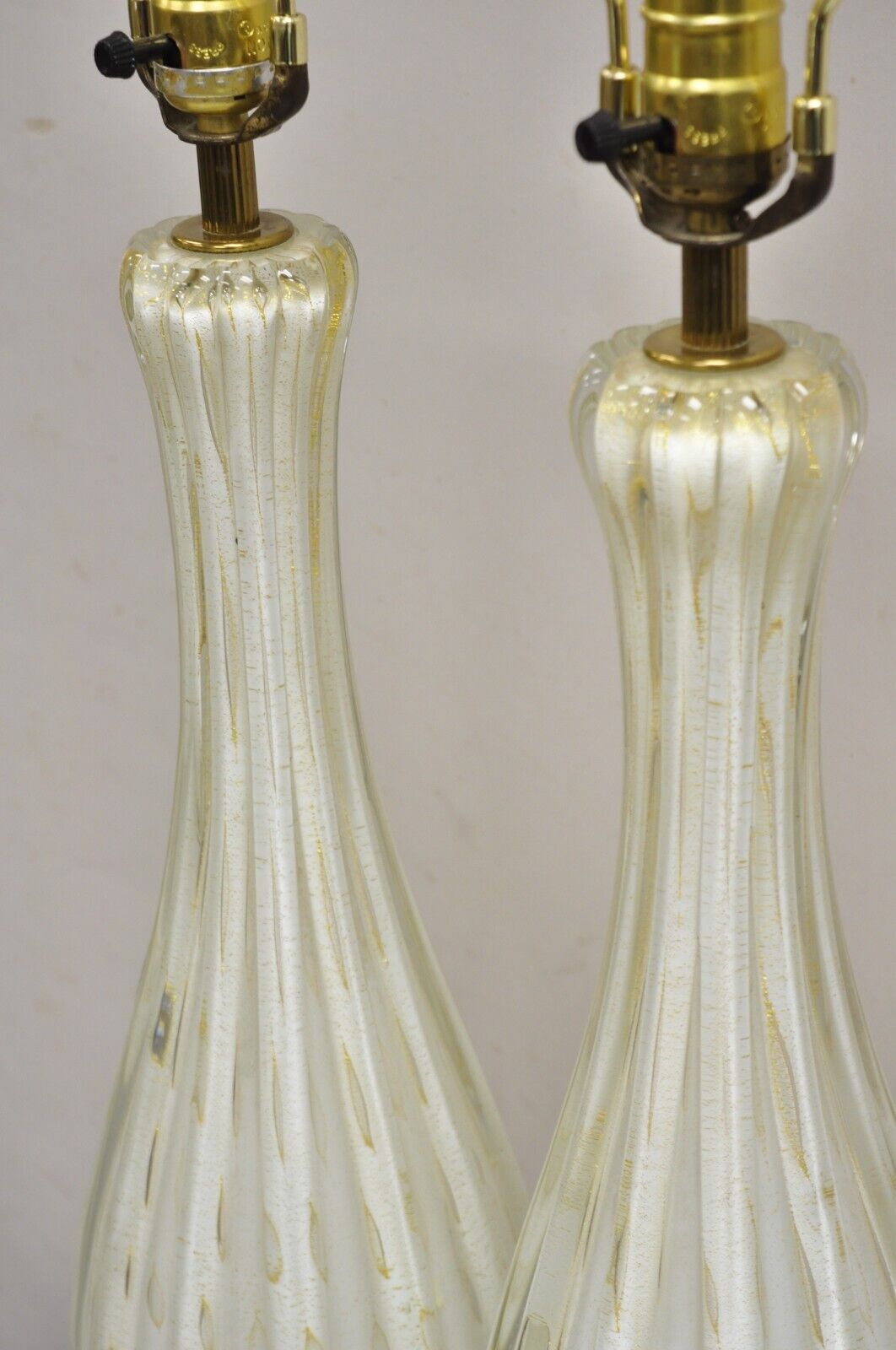 Vintage Murano Italy Camer Glass Gold Flecks White Sinuous Table Lamps - a Pair