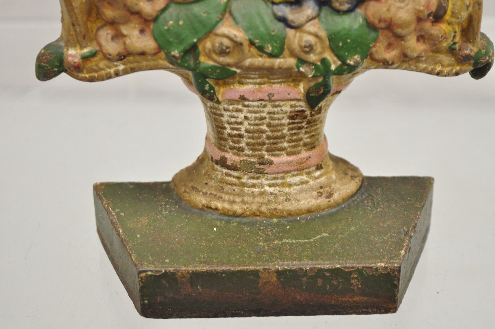 Antique Victorian Cast Iron Painted Floral Bouquet Pink Bow Basket Door Stop