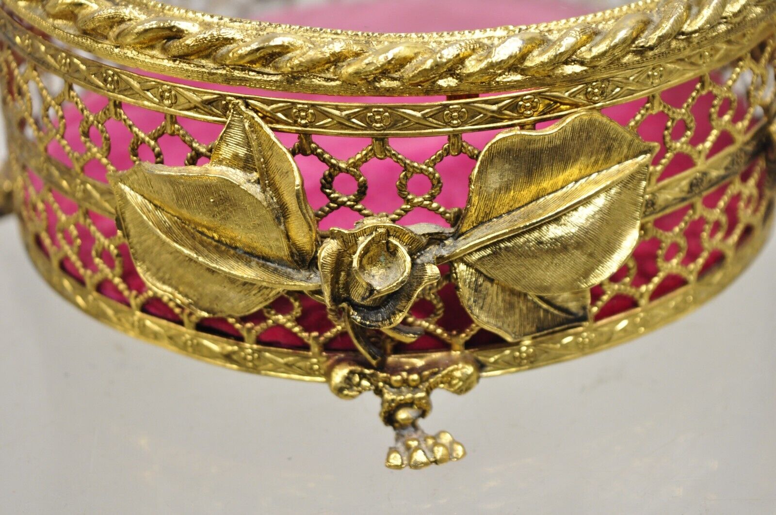 Vintage French Beveled Glass Gold Filigree Round Casket Jewelry Trinket Box