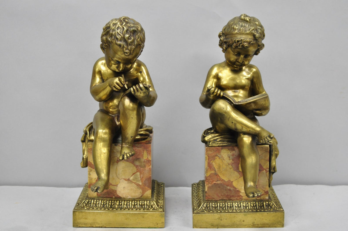 Antique French Louis XV Bronze Putti Children "Arts & Literature" Figures - Pair