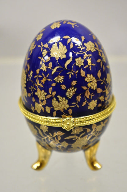 Cobalt Blue Porcelain Egg Gold Gilt Hinged Lid Candle Trinket Box - 2 Pcs