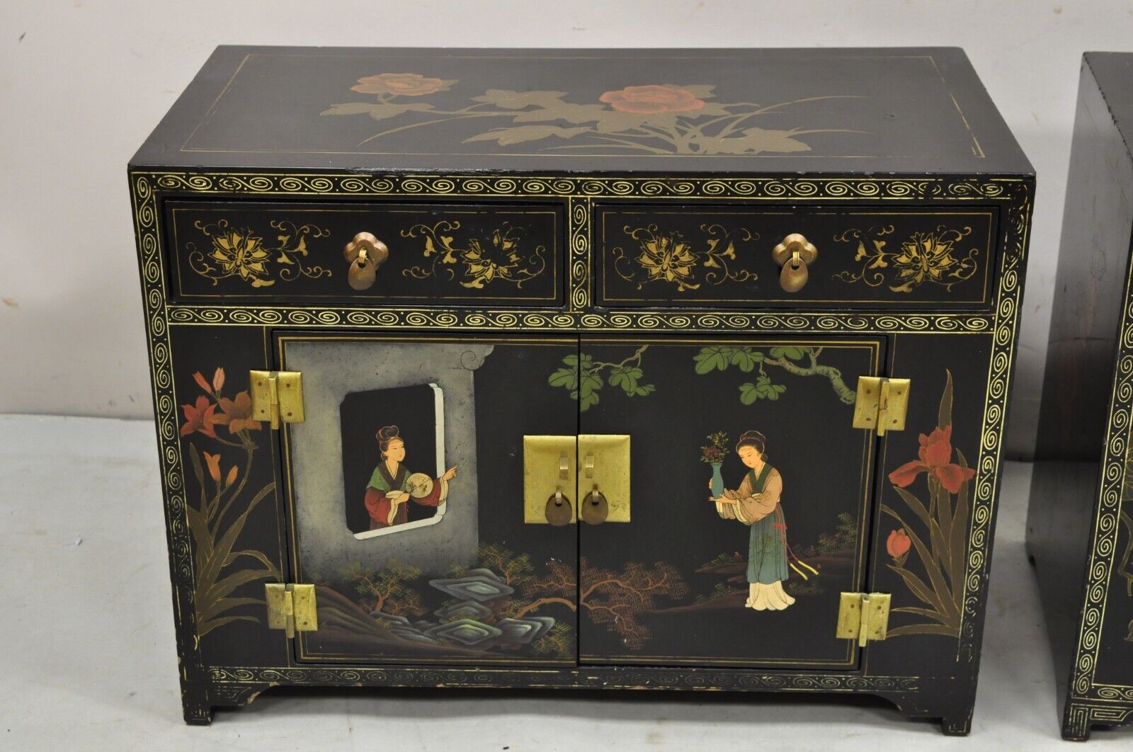 Vintage Chinese Oriental Small Asian Black Lacquer Painted Cabinets -  a Pair