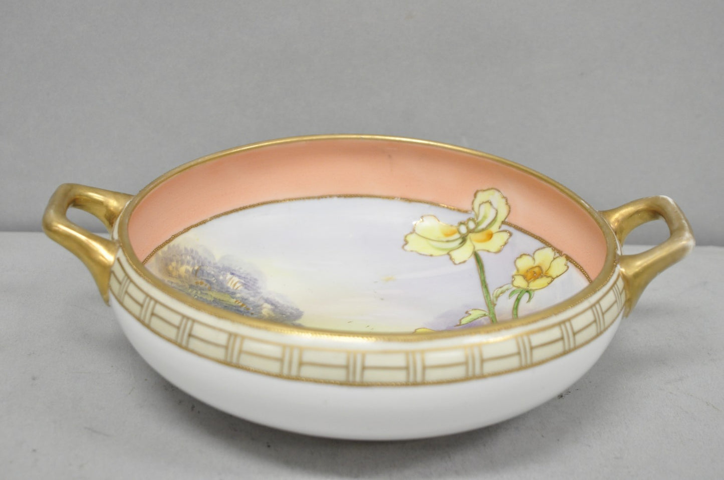 Antique Nippon Morimora Hand Painted Flowers & Ducks Coral Porcelain Bowl (A)