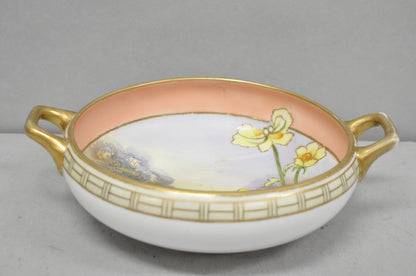 Antique Nippon Morimora Hand Painted Flowers & Ducks Coral Porcelain Bowl (A)