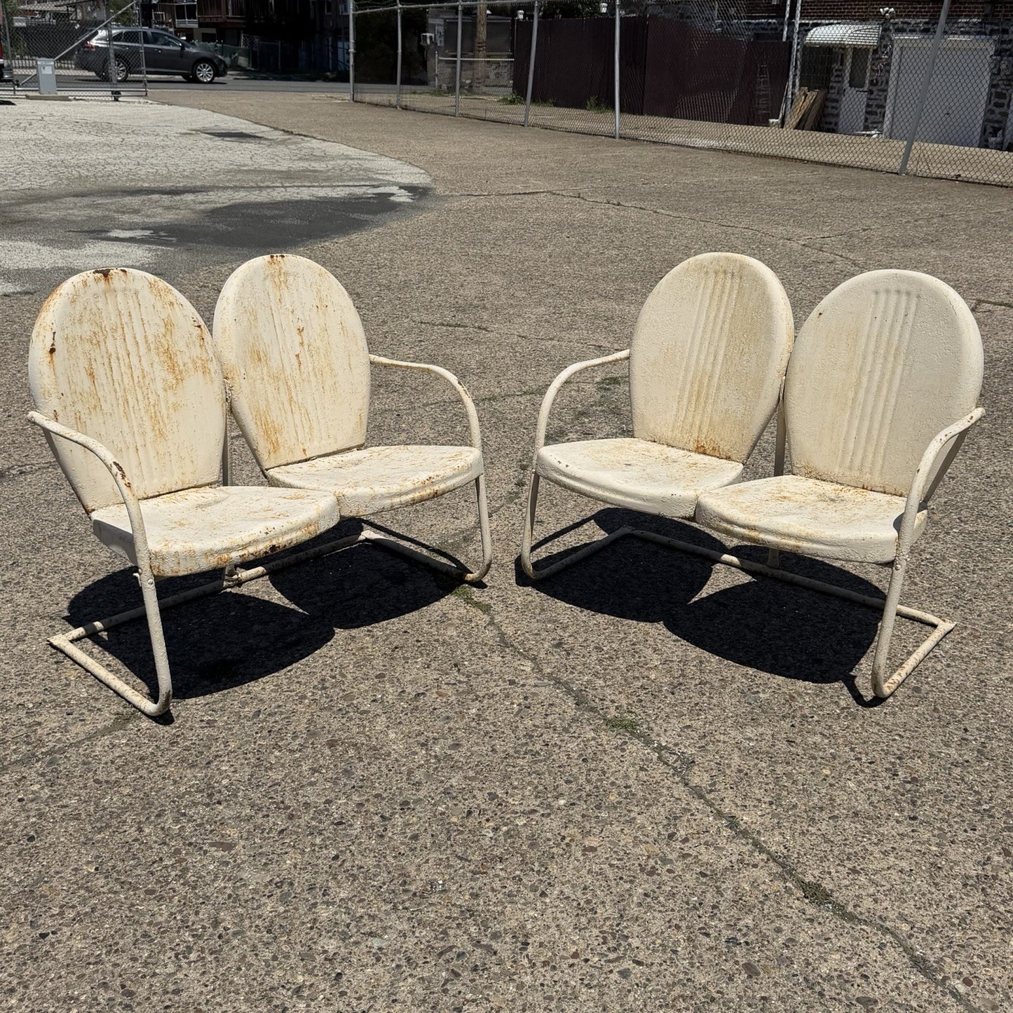 Vintage Art Deco Steel Metal Clam Shell Double Seat Porch Patio Loveseat - Pair