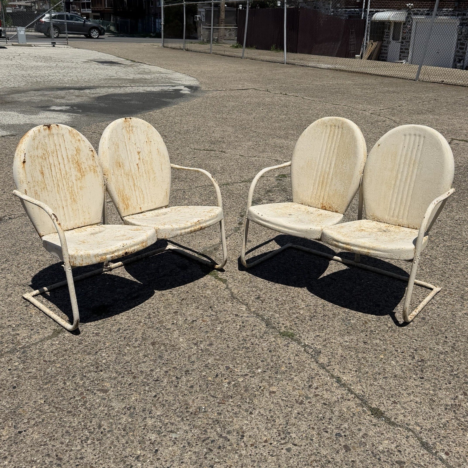 Vintage Art Deco Steel Metal Clam Shell Double Seat Porch Patio Loveseat - Pair